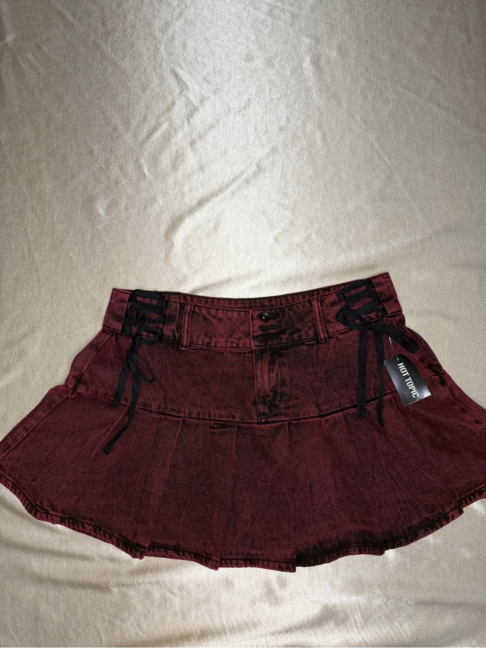 Social Collision Dark Red Acid Wash Lace-Up Pleated Mini Skirt NWT Size Large